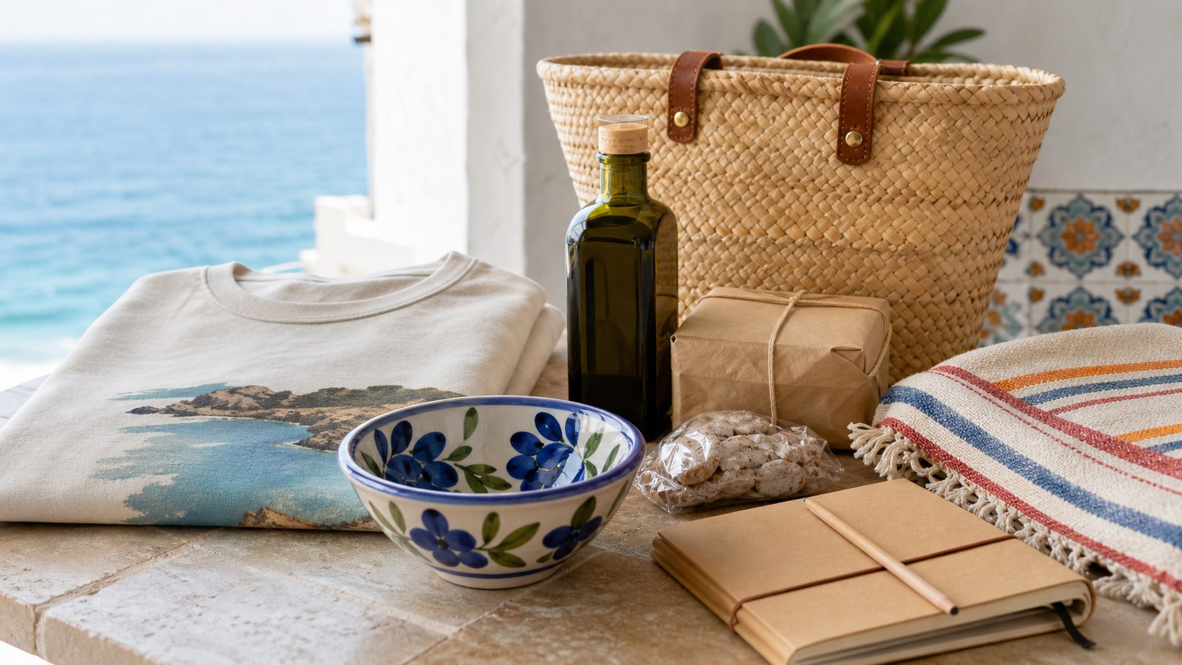 Recuerdos de viaje de Castellón con camiseta, cerámica, aceite, cesta de esparto y manta de rayas junto al Mediterráneo