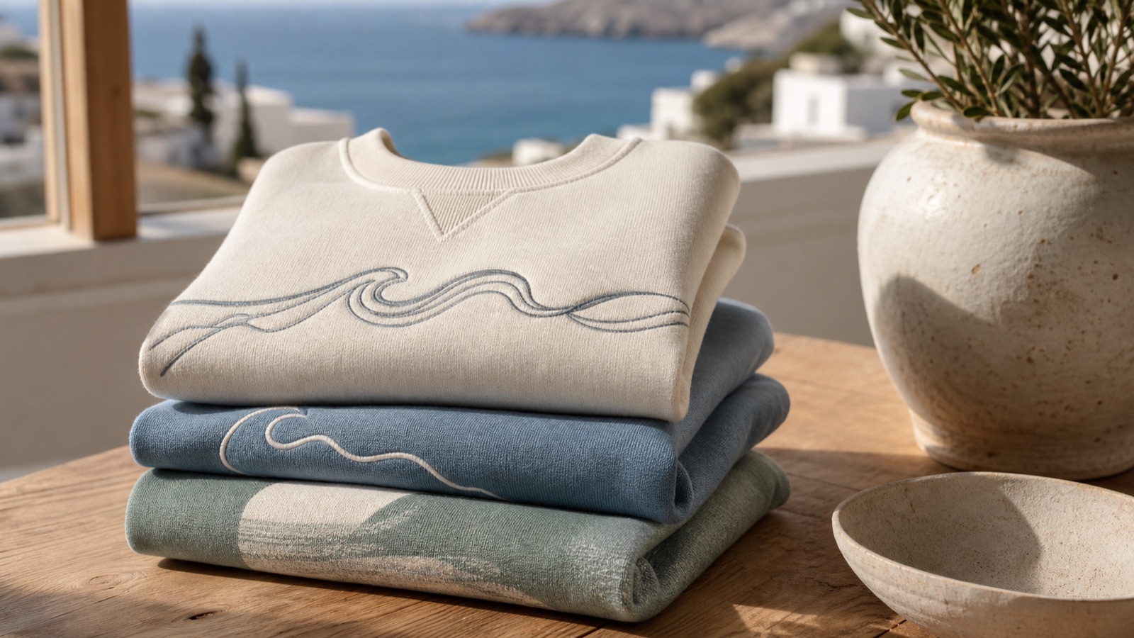 Sudaderas de diseño costero dobladas sobre una mesa de madera frente al Mediterráneo